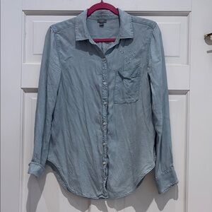 Aerie Light Blue Chambray Denim Button-Up Shirt with Embroidered Stars